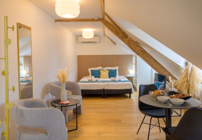 Studio moderne et chaleureux avec espace salon, cuisine équipée et coin nuit – Location courte durée à Strasbourg.