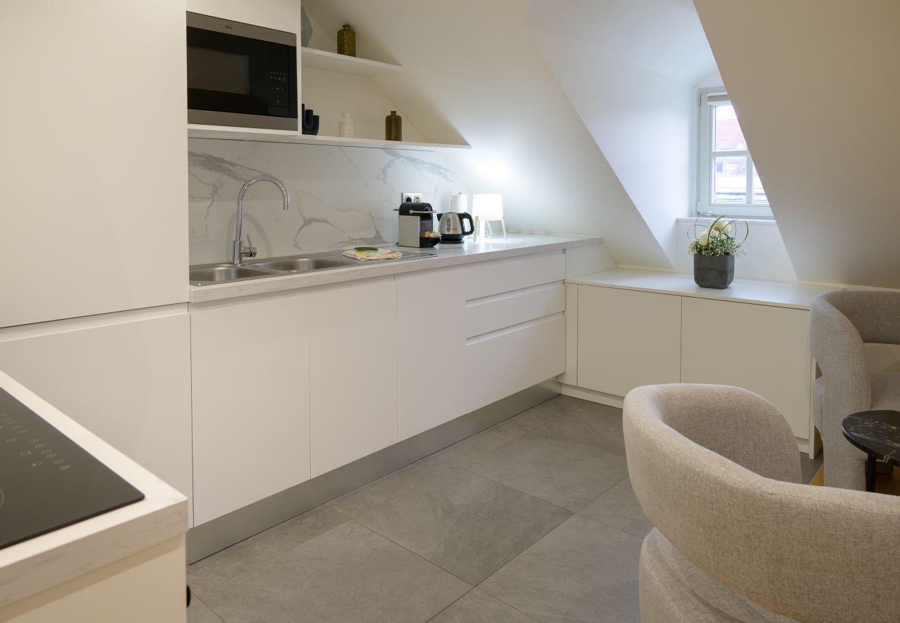 Cuisine moderne avec bar, plan de travail spacieux et électroménager intégré – Studio meublé en location à Strasbourg.